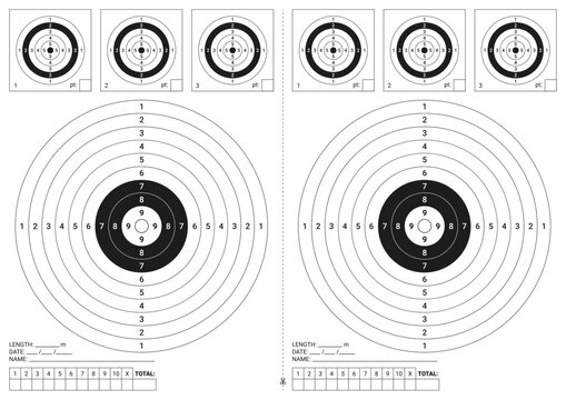 Target shoot. Gun shooting range. Target with numbers, bullseye and aim. Background for sport shooting. Isolated icon for rifle, pistol, sniper and army practice. Vector. Print format page A4 sheet.