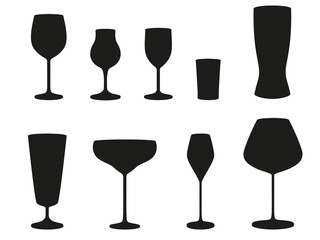 Silhouettes of various glasses.  Illustration on transparent background