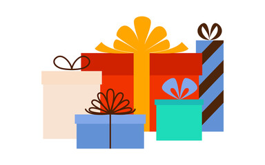 A group of multi-colored gift boxes with bows.  Illustration on transparent background