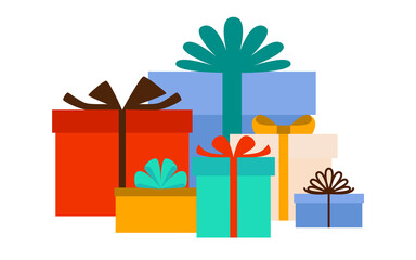 A group of multi-colored gift boxes with bows.  Illustration on transparent background