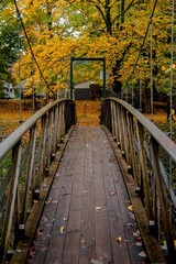 Fototapeta na wymiar Vertical shot of a wooden walking bridge in an autumn park