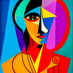 Abstract painting in the style of cubism, female portrait. A young woman in vibrant colors on a square canvas. - obrazy, fototapety, plakaty