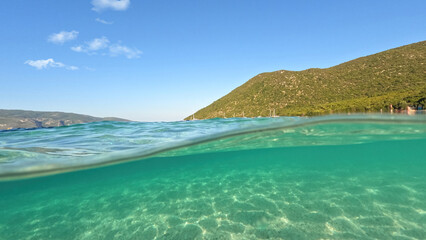Underwater split photo of famous organised beach of Antisamos in island of Kefalonia with crystal clear turquoise sea, Ionian, Greece