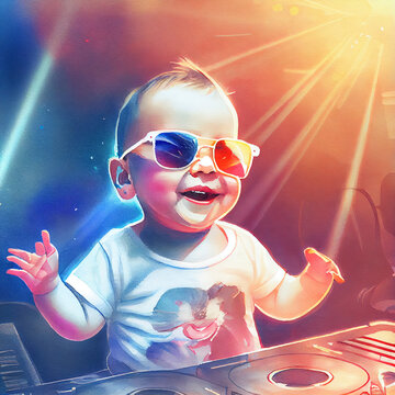 Cute little baby mixing musing on turntables, baby DJ, star