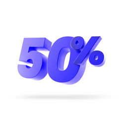 Fifty 50 blue 3d glass number percentage illustration isolated on white background