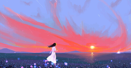 girl on the beach anime digital art illustration paint background wallpaper