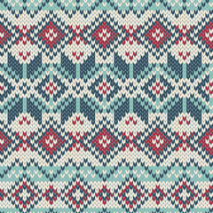 Fair isle jacquard knitted seamless pattern. Winter background. Vector illustration.