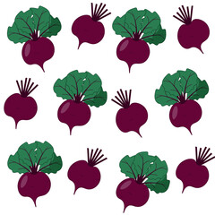Seamless vegetable pattern. Set of beetroot with green leaves on white background. 