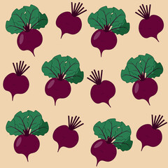 Seamless vegetable pattern. Set of beetroot with green leaves on beige  background. 