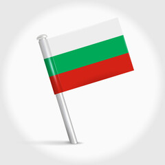 Bulgaria map pin flag icon. Bulgarian pennant map marker on a metal needle. 3D realistic vector illustration.