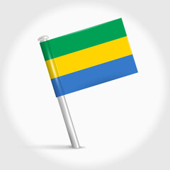 Gabon map pin flag icon. Gabonese pennant map marker on a metal needle. 3D realistic vector illustration.