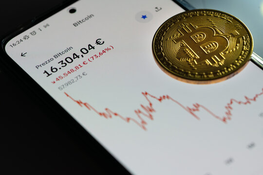 bitcoin price phone app with candlestick chart and golden coins
