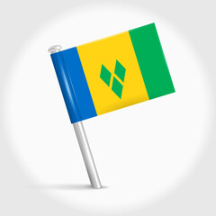 Saint Vincent and the Grenadines map pin flag icon. Vincentian pennant map marker on a metal needle. 3D realistic vector illustration.