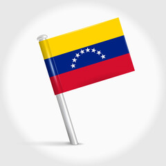 Venezuela map pin flag icon. Venezuelan pennant map marker on a metal needle. 3D realistic vector illustration.