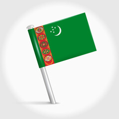 Turkmenistan map pin flag icon. Turkmenian pennant map marker on a metal needle. 3D realistic vector illustration.