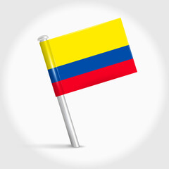 Ecuador map pin flag icon. Ecuadorian pennant map marker on a metal needle. 3D realistic vector illustration.