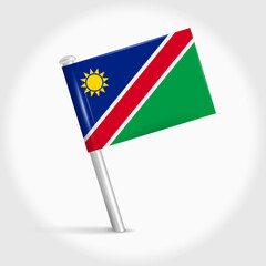 Namibia map pin flag icon. Namibian pennant map marker on a metal needle. 3D realistic vector illustration.