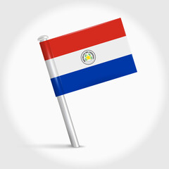 Paraguay map pin flag icon. Paraguayan pennant map marker on a metal needle. 3D realistic vector illustration.