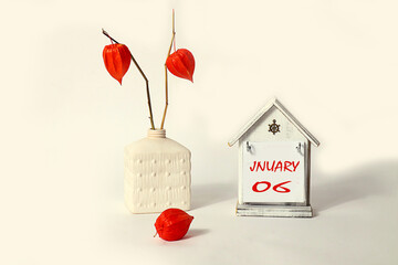Calendar for January 6: a decorative house with the name of the month January in English, the numbers 06 are written on it, a bouquet of physalis in a square vase, a light background