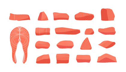 Salmon collection. Fresh raw red fish slices cartoon flat style, healthy atlantic trout steaks tail fin seafood gourmet meal. Vector isolated collection of salmon raw fresh illustration
