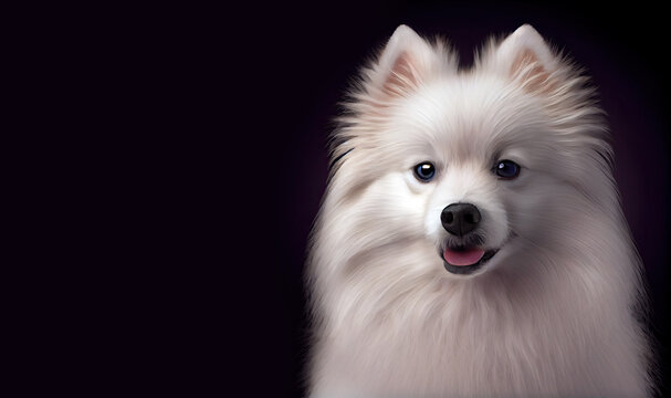 Adorable American Eskimo dog on dark background, space for text. Cute dog. Digital art	