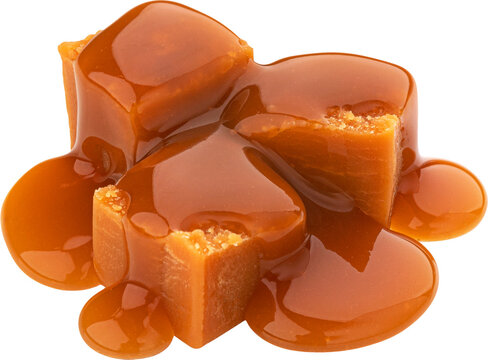 Caramel candy and caramel sauce isolated 