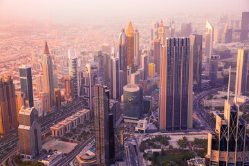 Dubai city view at sunset, Sheik Zayed Road. UAE, 2022