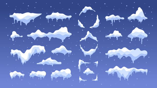 Cartoon snow caps with icicles. Snowy frozen cold winter season weather elements, snowball snowflake icy snowcap frost decoration. Vector isolated set of frozen and frost effect illustration