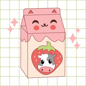 Kawaii anime illustration with carton of milk. Strawberry taste. Asian product. Hand drawn trendy girly background. Cute cartoon character on drink package box.