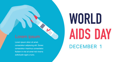 World aids day vector poster template. Gloved hand holding a test tube.