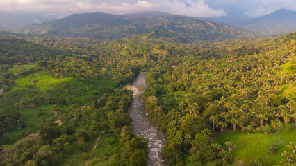 aerial panoramic view of beautiful river between mountains