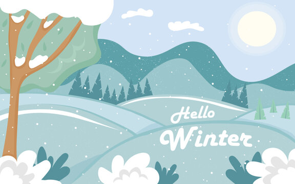 Winter landscape mountains trees with snow christmas trees hello winter