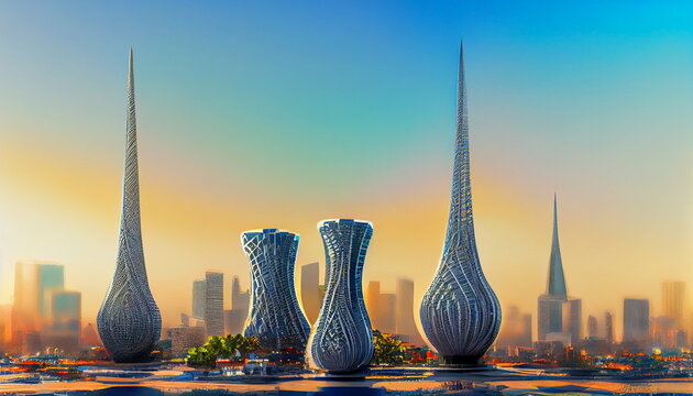 kuwait city skyline with bridge and modern buildings
