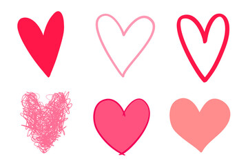 Colorful grunge hearts on isolated white background. Hand drawn set of love signs. Unique abstract image for design. Line art creation. Colored illustration. Elements for poster or flyer