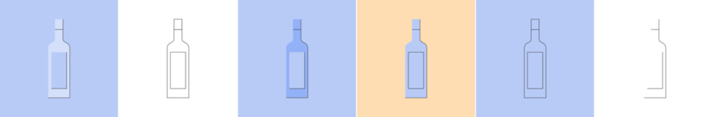 Bottle of vodka, great design for any purposes. Flat style. Party drink concept. Color icon bottle. Simple image shape with a thin line of shadow. Four types of object on different backdrop