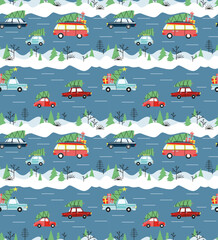 Vector Seamless Pattern with cars and Christmas trees. Modern hand drawn colorful illustration. Wrapping paper with funny winter roads.