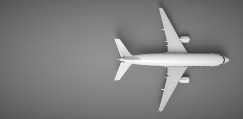 Realistic 3D rendering airplane. Aircraft on grey background, top view.