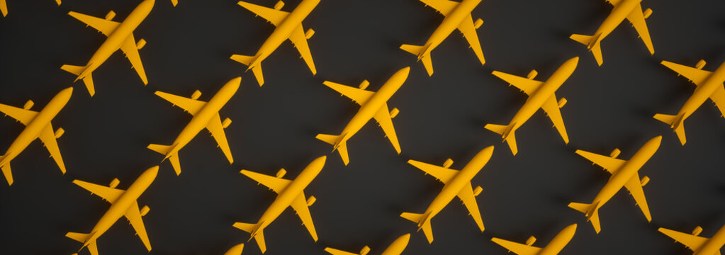 Yellow airplanes on a black background. Aviation wallpaper, travel wrapping paper. 3D rendering.