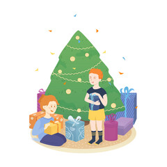 Happy children at winter holiday eve New Year and Christmas hold gifts. Decorated Christmas tree with gift. Receiving gifts. Christmas atmosphere and child with confetti. Vector flat illustration