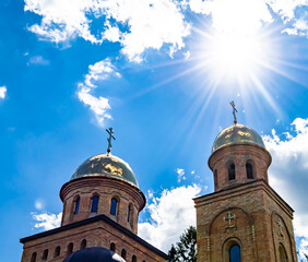 Obraz premium Christian church cross in high steeple tower for prayer