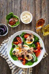 Nicoise salad - tuna, hard boiled eggs, greens, tomatoes and black olives