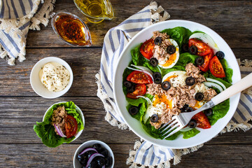 Nicoise salad - tuna, hard boiled eggs, greens, tomatoes and black olives