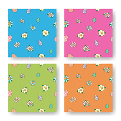 A set of seamless patterns with flowers and Easter eggs. Bright and colorful vector illustration for Easter holiday