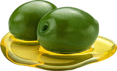 Green olives with extra virgin oil spot isolated