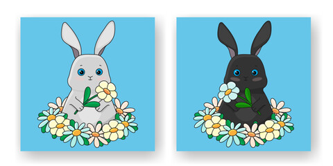 A set of illustrations, an Easter bunny with flowers. Vector illustration