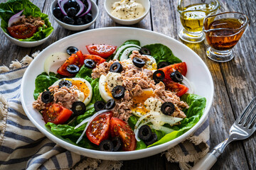 Nicoise salad - tuna, hard boiled eggs, greens, tomatoes and black olives