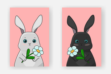 A set of illustrations, an Easter bunny with flowers. Vector illustration