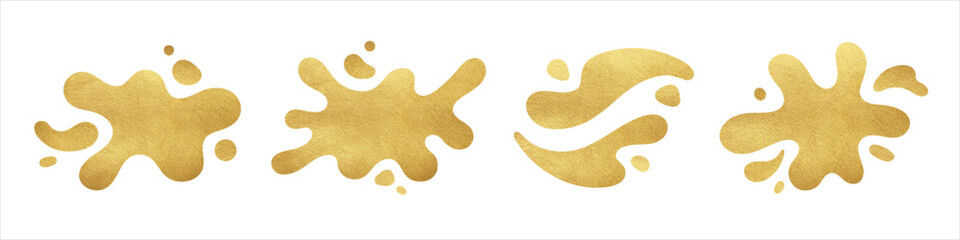 Golden foil liquid vector shapes, splashes with fluid wavy edge set. Gold paint puddle, uneven spot, blot, stain with drops, blobs. Glittering, shiny graphic design element, text background, frame.