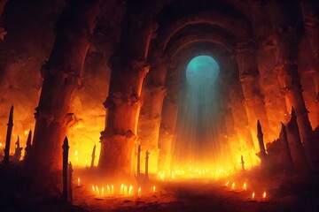 Epic Underground Cavern with Candles, Lanterns, and Magical Light. Dwarven Temple Ruins with Huge Columns. (3D Digital Illustration, Fantasy Wallpaper, Holiday Card, Invitation, or Postcard.)