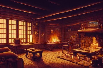 Cozy Log Cabin Living Room Interior. (Digital Illustration in the Style of Fantasy Wallpaper, Greeting Card, Holiday Card, Invitation, or Postcard.) - obrazy, fototapety, plakaty